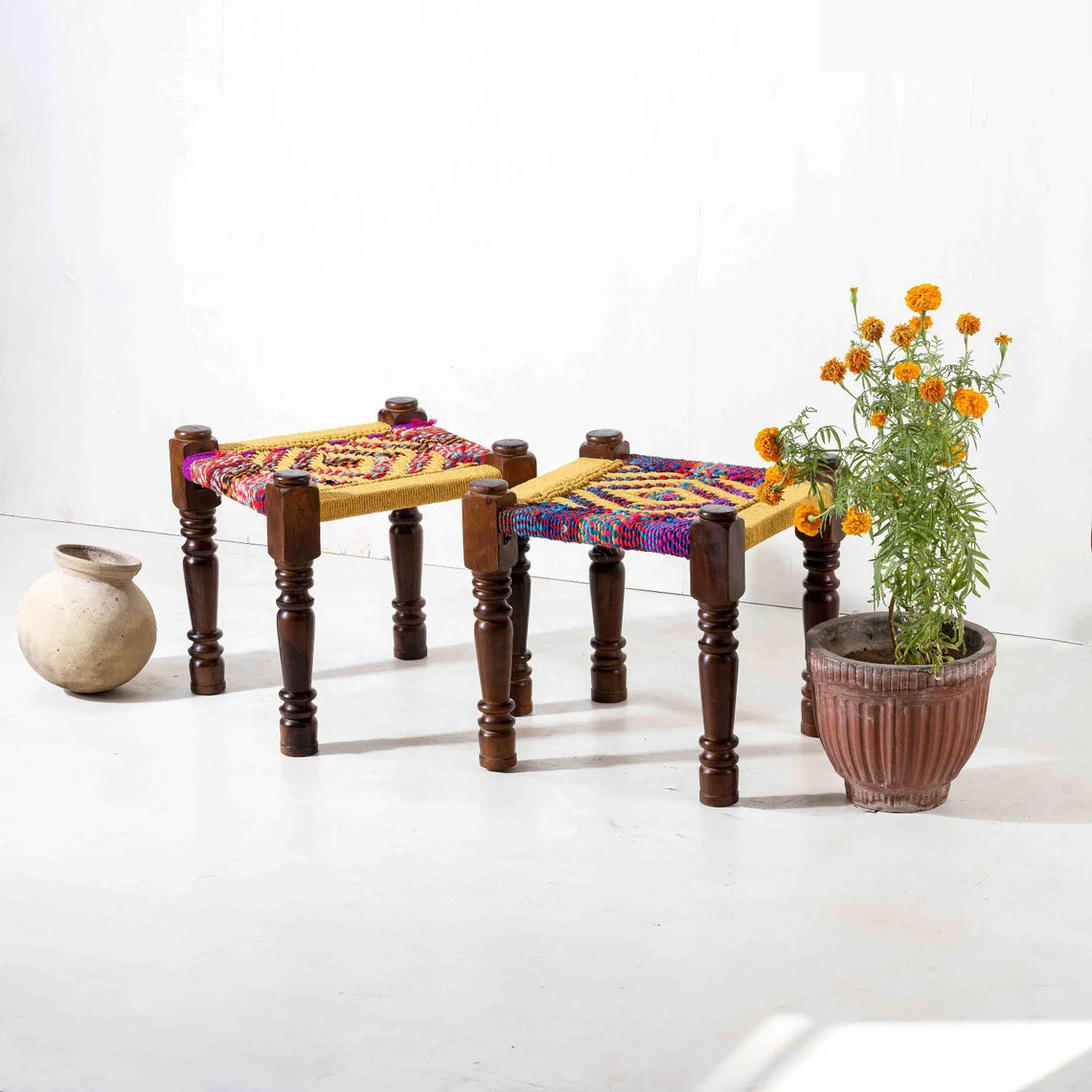 wooden handwoven stools